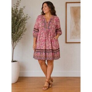Chigant Womens XL Boho Floral Tunic Top Pink Paisley Peasant 3/4 Cottagecore